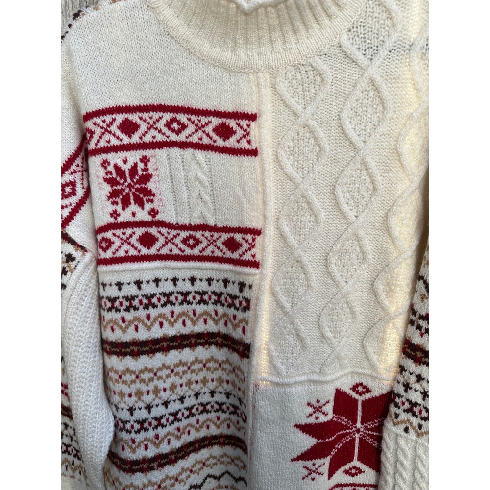 American Eagle Patchwork Fair Isle Cable Knit Sweater XL Cream Red Snowflake - Picture 3 of 6